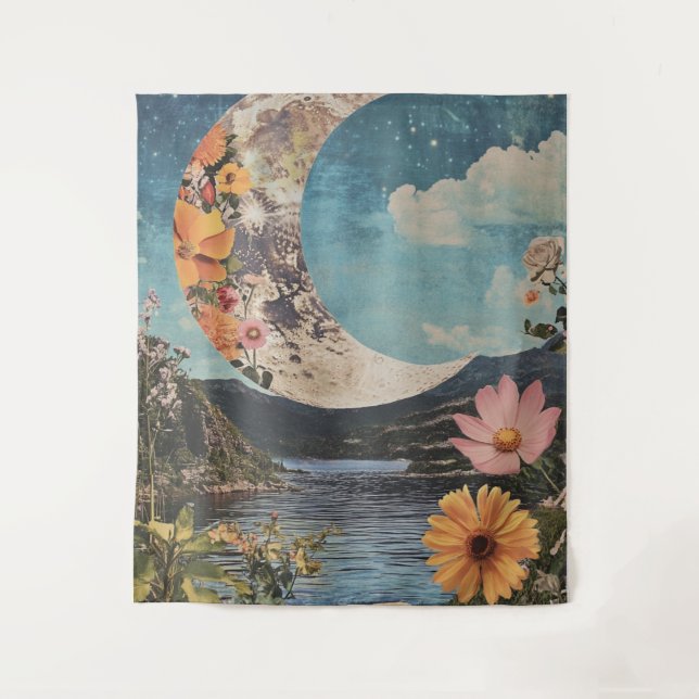 Crescent Moon Over Serene Landscape Tapestry (Front)