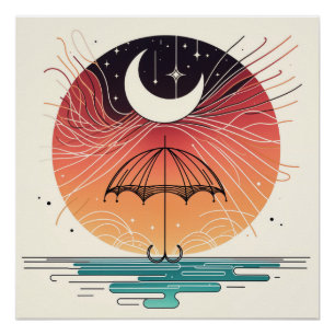 Crescent Moon Over Umbrella with Star Rain Poster