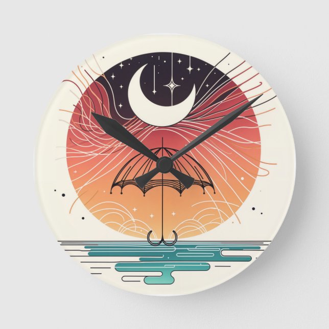 Crescent Moon Rain Boho Line Art  Round Clock (Front)