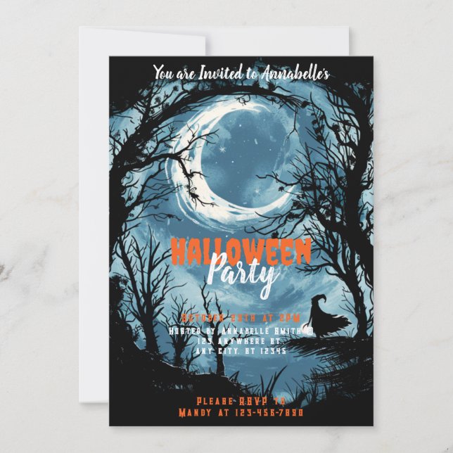 Crescent Moon Sky Witch Stars Halloween Party Invitation (Front)