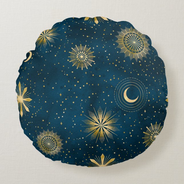 Crescent Moon Starry Night Celestial Round Cushion (Front)