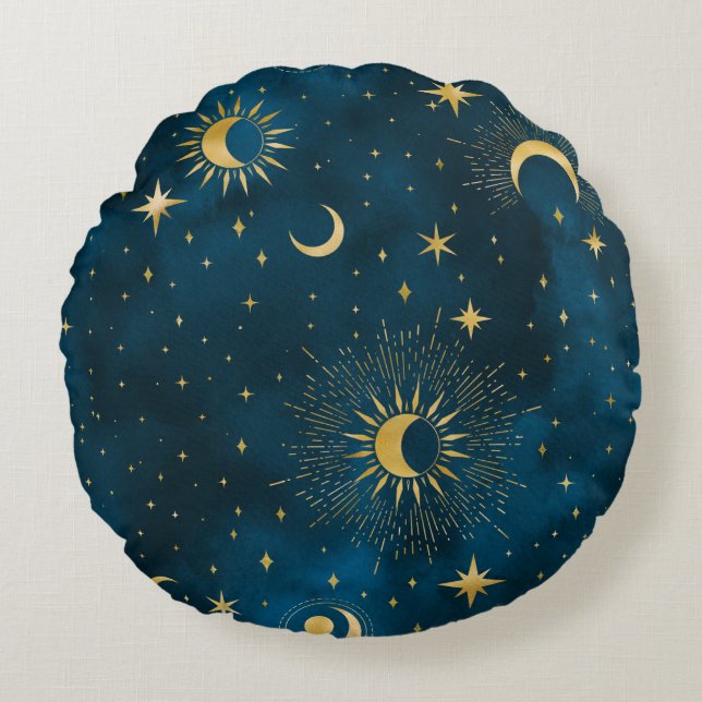 Crescent Moon Starry Night Celestial Round Cushion (Front)