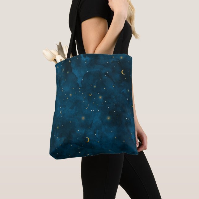 Crescent Moon Starry Night Celestial Tote Bag (Close Up)