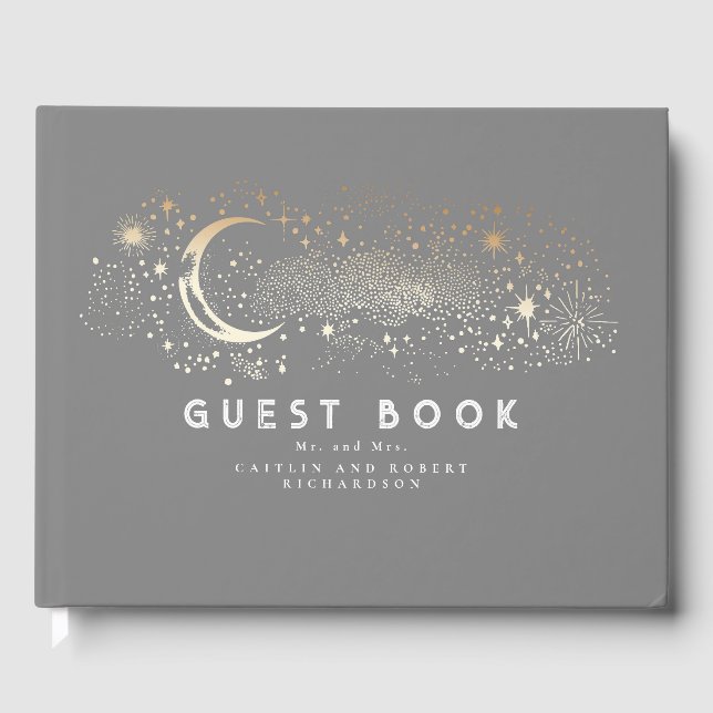 Crescent Moon Starry Night Celestial Wedding Guest Book (Front)