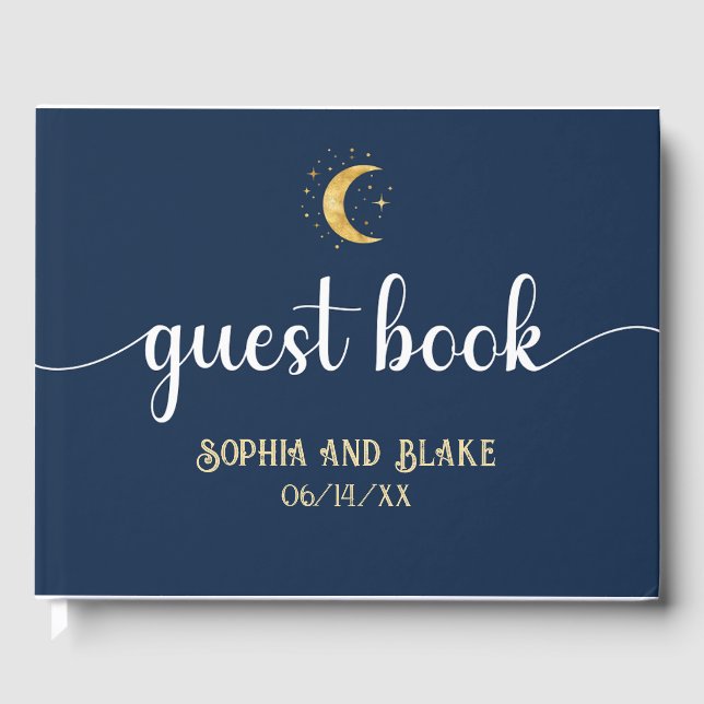 Crescent Moon Starry Night Navy Blue Wedding Guest Book (Front)
