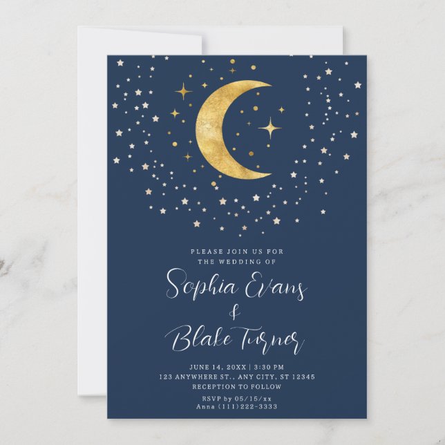 Crescent Moon Starry Night Navy Blue Wedding Invitation (Front)