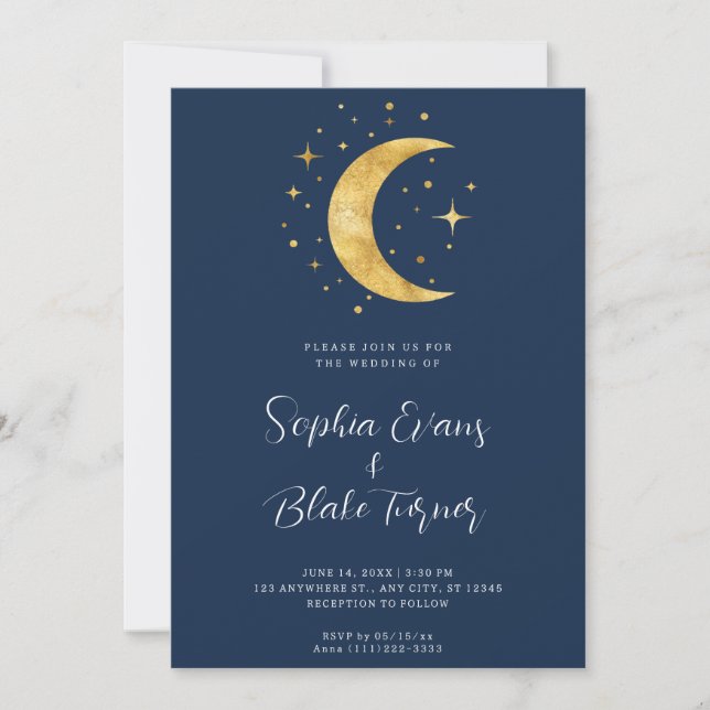 Crescent Moon Starry Night Navy Blue Wedding Invitation (Front)