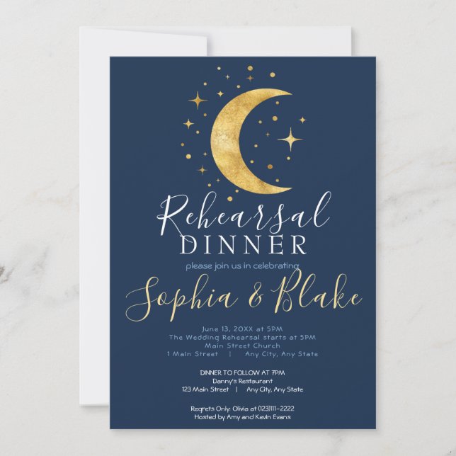 Crescent Moon Starry Night Navy Rehearsal Dinner Invitation (Front)