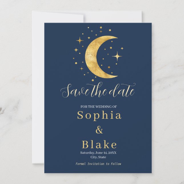 Crescent Moon Starry Night Navy Save the Date  Invitation (Front)