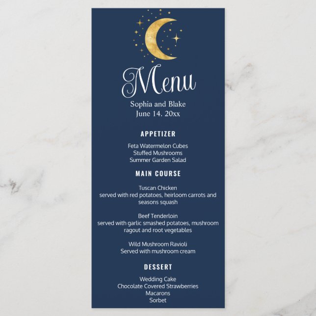 Crescent Moon Starry Night Navy Wedding Flat Menu (Front)