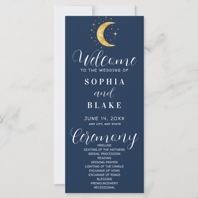 Crescent Moon Starry Night Navy Wedding Program (Front)