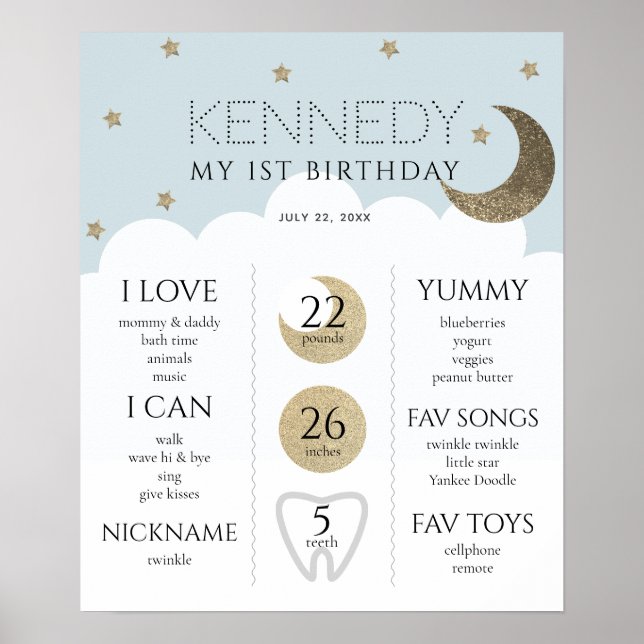 Crescent Moon & Stars Blue 1st Birthday Milestone Poster (Front)