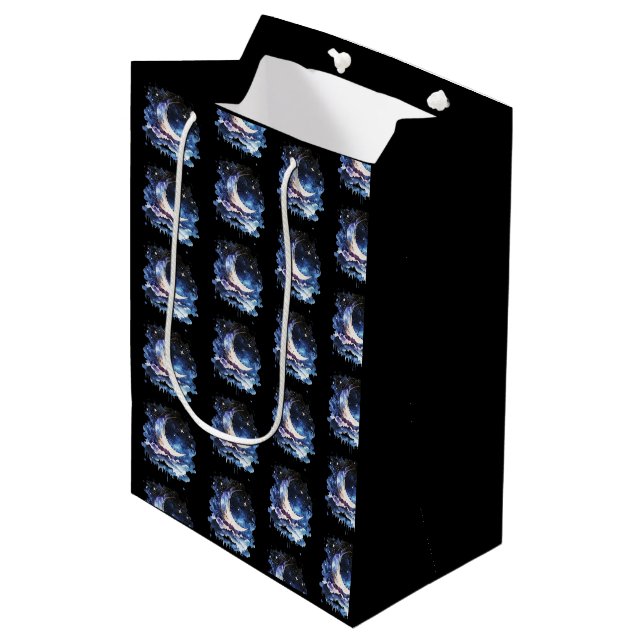 Crescent Moon Stars Celestial Black Halloween Medium Gift Bag (Front Angled)