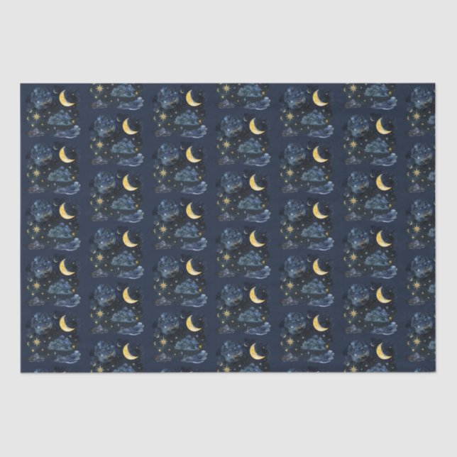 Crescent Moon Stars Celestial Blue Halloween Tissue Paper (Front)