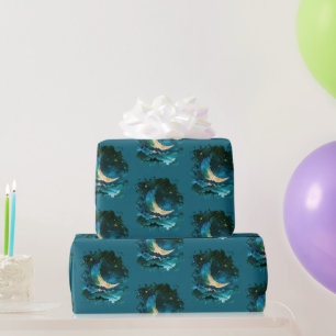 Crescent Moon Stars Celestial Blue Halloween Wrapping Paper
