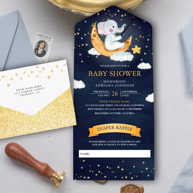 Crescent Moon Stars Elephant Navy Blue Baby Shower All In One Invitation (Creator Uploaded)