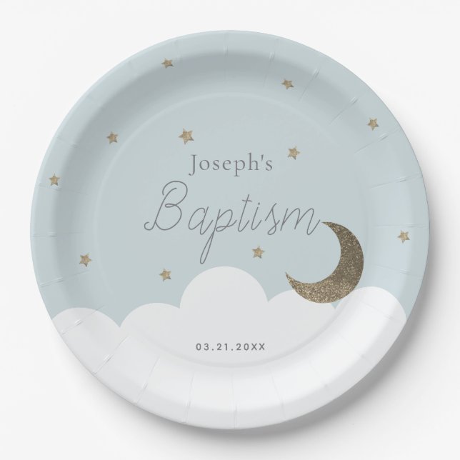 Crescent Moon & Stars Light Blue Boy Baptism Paper Plate (Front)