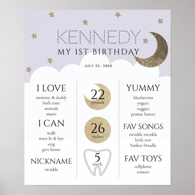 Crescent Moon & Stars Lilac 1st Birthday Milestone Poster (Front)