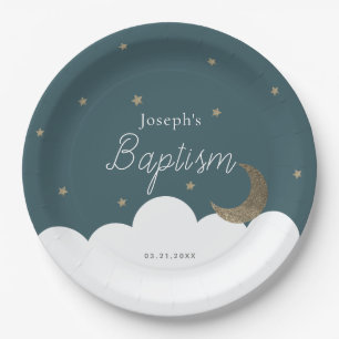 Crescent Moon & Stars Navy Blue Baptism Paper Plate