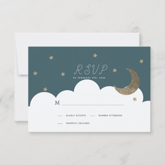 Crescent Moon & Stars Navy Blue Baptism RSVP Card (Front)