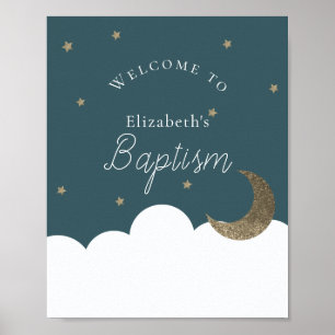 Crescent Moon Stars Navy Blue Baptism Welcome Sign