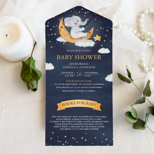 Crescent Moon Stars Navy Blue Elephant Baby Shower All In One Invitation (Creator Uploaded)