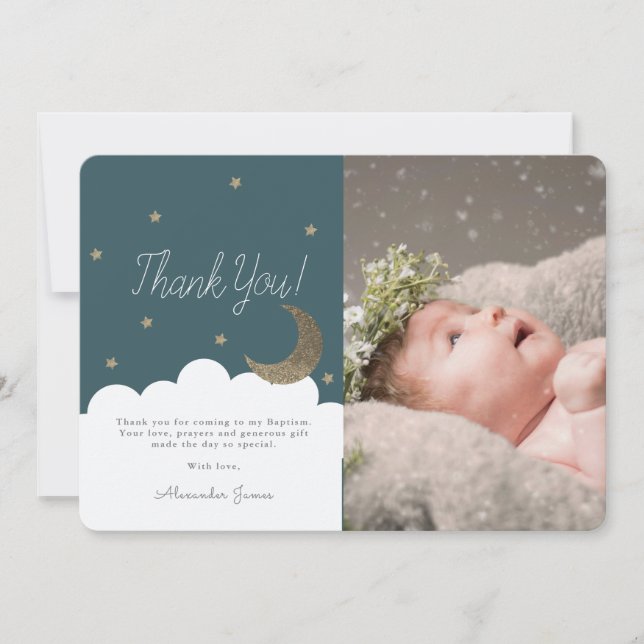 Crescent Moon & Stars Navy Blue Photo Thank You Card (Front)