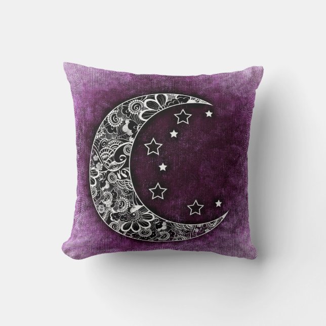 CRESCENT MOON & STARS on Shaded Purple Texture Cushion (Front)