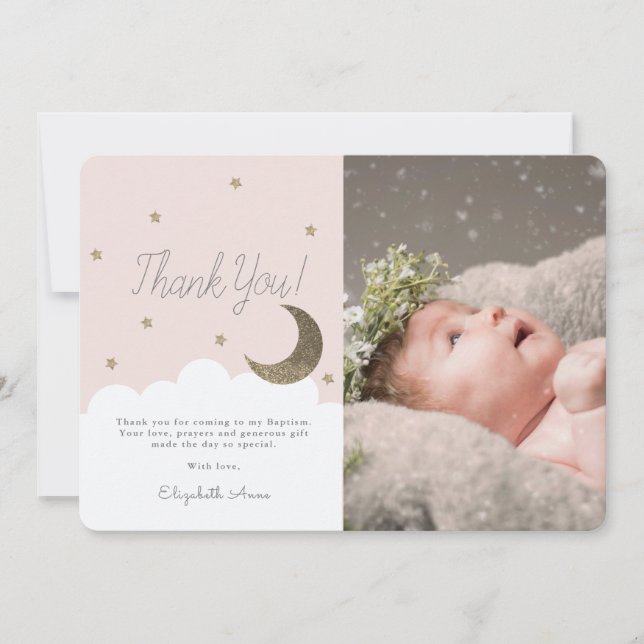 Crescent Moon & Stars Pink Girl Photo Baptism Thank You Card (Front)