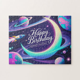 Crescent moon, stars, planets Galaxy-themed Jigsaw Puzzle