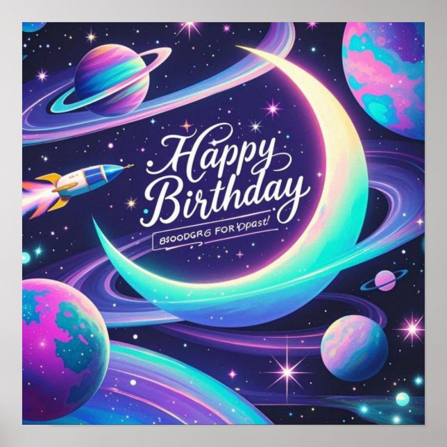 Crescent moon, stars, planets Galaxy-themed Poster (Front)