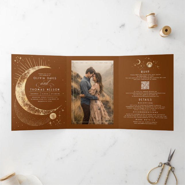 Crescent Moon Sun Halo Celestial Wedding Photo Tri-Fold Invitation (Inside)