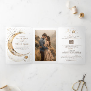 Crescent Moon Sun Halo Celestial Wedding Photo Tri-Fold Invitation