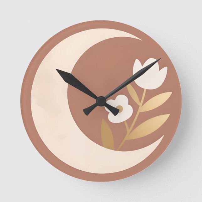 Crescent Moon Tulip Floral Minimal Round Clock (Front)