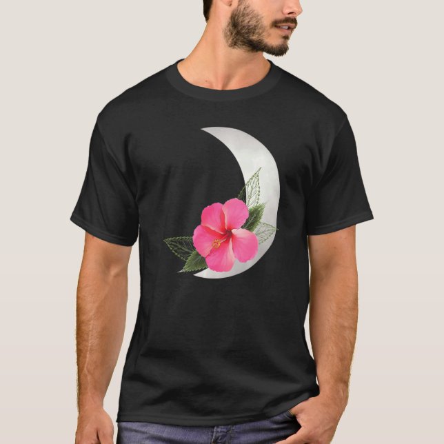 Crescent Moon With Hibus Flower  Tropical Flower T-Shirt (Front)