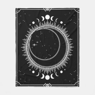 Crescent Moon with Sun and Stars Black and White Fleece Blanket