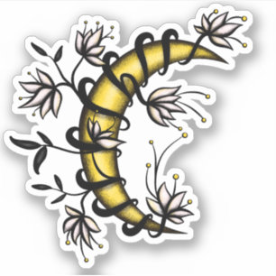 Crescent Moon Wrapped In Flowers Tattoo Style