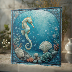 Crescent Moonlit Coastal Seahorse Tropical Coral  Ceramic Tile