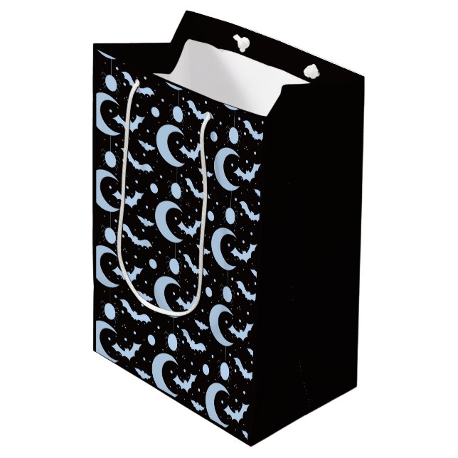 Crescent Moons, Spiders and Bats Black Halloween Medium Gift Bag (Front Angled)