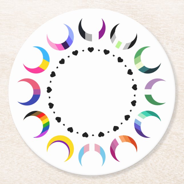  Crescent Pride Moons & Heart Ring  Round Paper Coaster (Front)