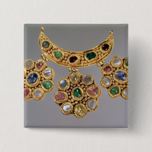 Crescent shaped necklace with pendants 15 cm square badge