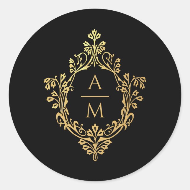 Crest Black Faux Gold Elegant Monogram 2 Initials Classic Round Sticker (Front)