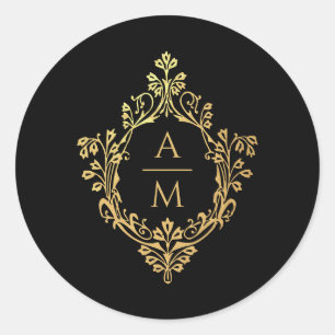 Crest Black Faux Gold Elegant Monogram 2 Initials Classic Round Sticker