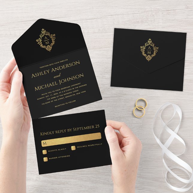 Crest Black Faux Gold Elegant Wedding Monogram All In One Invitation (Creator Uploaded)