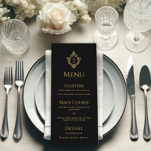 Crest Black Faux Gold Elegant Wedding Monogram Menu