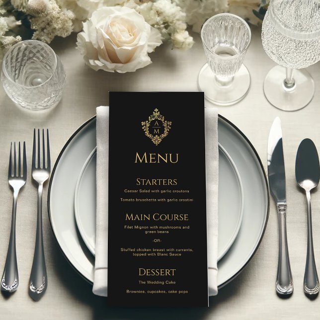 Crest Black Faux Gold Elegant Wedding Monogram  Menu (Creator Uploaded)