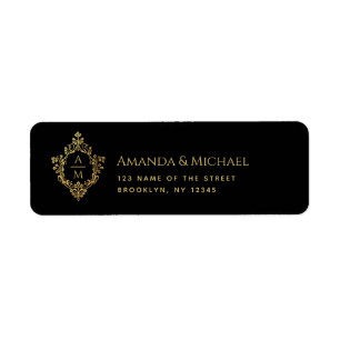 Crest Black Faux Gold Elegant Wedding Monogram Return Address Label