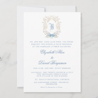 Crest Blue Initial Wedding Invitation