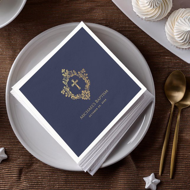 Crest Boy Baptism Navy Blue Elegant Faux Gold Foil Napkin (Creator Uploaded)