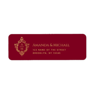 Crest Burgundy Faux Gold Elegant Wedding Monogram Return Address Label